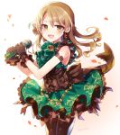  1girl :d arm_garter black_gloves black_legwear blonde_hair bow chains corset cowboy_shot curly_hair dress earrings eyebrows_visible_through_hair frilled_dress frilled_gloves frilled_skirt frills glint gloves green_dress green_skirt hair_bow hands_up highres holding holding_microphone idolmaster idolmaster_cinderella_girls jewelry jitome lace lace-trimmed_gloves lace-trimmed_skirt large_bow long_hair looking_at_viewer microphone morikubo_nono open_mouth pendant petals short_sleeves signature skirt smile solo songmil spiral_eyes tears thigh-highs v-shaped_eyebrows white_background yellow_eyes zettai_ryouiki 