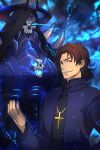  2boys armor bangs brown_hair commentary_request cross crucifix fate/grand_order fate_(series) glowing glowing_eyes hand_on_hip hand_up horned_headwear horns king_hassan_(fate/grand_order) kotomine_kirei long_sleeves mask multiple_boys parted_bangs priest shoulder_spikes skull_mask smile sparkle spikes tomoyohi 