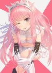  ;p bangs blunt_bangs breasts elbow_gloves eyebrows_visible_through_hair fate/grand_order fate_(series) gloves highres kaina_(tsubasakuronikuru) legs_crossed long_hair looking_at_viewer medb_(fate/grand_order) medium_breasts nitta_minami one_eye_closed pink_hair solo tongue tongue_out white_gloves yellow_eyes 