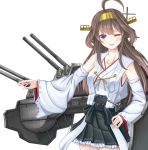  1girl ahoge brown_hair cannon commentary_request detached_sleeves double_bun frilled_skirt frills hairband headgear japanese_clothes kantai_collection kongou_(kantai_collection) long_hair nontraditional_miko one_eye_closed remodel_(kantai_collection) ribbon-trimmed_sleeves ribbon_trim rigging simple_background skirt solo turret violet_eyes white_background yatsu_seisakusho 