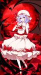  1girl absurdres artist_name blue_hair character_name hat highres looking_at_viewer mob_cap moon open_mouth puffy_short_sleeves puffy_sleeves red_eyes red_footwear red_moon remilia_scarlet sheya short_hair short_sleeves smile solo touhou 