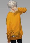  1boy bangs black_pants covered_mouth cowboy_shot earrings grey_background hair_between_eyes hand_up highres hirota_tsuu jewelry long_sleeves male_focus original pants ring silver_hair simple_background solo standing sweater yellow_eyes yellow_sweater 