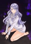  1girl camilla_(fire_emblem_if) fire_emblem fire_emblem_if hair_over_one_eye highres long_hair looking_at_viewer purple_hair simple_background sitting solo sweater turtleneck turtleneck_sweater violet_eyes 