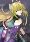  1girl ahoge animal_ears archer_of_red black_eyes blonde_hair breasts cat_ears cat_tail cleavage cleavage_cutout collarbone crying crying_with_eyes_open dress fate/apocrypha fate_(series) green_dress green_hair highres long_hair looking_at_viewer multicolored_hair nikame parted_lips puffy_short_sleeves puffy_sleeves short_sleeves small_breasts solo tail tears two-tone_hair upper_body 