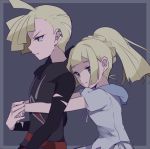  1boy 1girl blonde_hair brother_and_sister from_side gladio_(pokemon) green_eyes hood hoodie hug hug_from_behind lillie_(pokemon) long_hair long_sleeves mvls_7 pokemon pokemon_(game) pokemon_sm ponytail shirt short_hair short_sleeves siblings simple_background torn_clothes white_shirt 