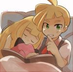  1boy 1girl blonde_hair book brother_and_sister clefairy closed_eyes finger_to_mouth gladio_(pokemon) green_eyes lillie_(pokemon) long_hair open_book pillow pokemon pokemon_(anime) pokemon_sm_(anime) short_hair short_sleeves shushing siblings siroromo sleeping stuffed_toy younger 