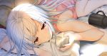  1girl aldehyde blush brown_eyes cellphone closed_mouth cup long_hair lying messy_hair mug neeko on_bed on_stomach original phone silver_hair smartphone solo sunlight tank_top 