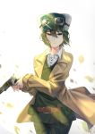  1girl absurdres ammunition_pouch belt belt_buckle black_hair black_pants black_shirt buckle cowboy_shot glint goggles goggles_on_head green_eyes gun hat highres holding holding_weapon jacket kino kino_no_tabi light_smile motion_blur pants petals shirt short_hair standing totsugeruru walking weapon wind 