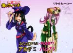  2girls asui_tsuyu boku_no_hero_academia commentary copyright_name cosplay costume_switch gloves green_eyes green_hair hat highres little_witch_academia melisaongmiqin multiple_girls pink_hair red_eyes sucy_manbavaran title_parody tongue tongue_out witch_hat 