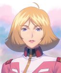  1girl ahoge blonde_hair clouds cloudy_sky eyebrows_visible_through_hair fateline_alpha gundam highres lipstick looking_at_viewer makeup mobile_suit_gundam outdoors parted_lips portrait red_lipstick sayla_mass short_hair sky smile solo uniform upper_body 