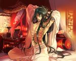  1boy arms_behind_head bare_chest black_hair candle fate/grand_order fate_(series) jar long_hair male_focus messy_hair one_eye_closed pillow solo stretch tattoo under_covers very_long_hair waking_up yan_qing_(fate/grand_order) 
