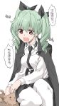  anchovy breasts cat elf_(stroll_in_the_woods) girls_und_panzer green_hair hair_ornament highres necktie open_mouth red_eyes sitting speech_bubble translation_request white_background 