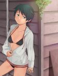  1girl against_wall bikini black_bikini black_hair cowboy_shot flat_chest green_eyes jacket kantai_collection mogami_(kantai_collection) open_clothes open_jacket short_hair solo swimsuit tooku_nomura_(artist) white_jacket 