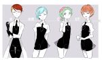  adjusting_clothes adjusting_gloves alternate_hair_length alternate_hairstyle androgynous black_gloves black_neckwear blue_hair cowboy_shot dress gloves green_eyes green_hair grey_background hemimorphite_(houseki_no_kuni) houseki_no_kuni labcoat looking_at_viewer multicolored_hair necktie orange_hair redhead rutile_(houseki_no_kuni) simple_background smile sphene_(houseki_no_kuni) two-tone_hair undercut watermelon_tourmaline_(houseki_no_kuni) 