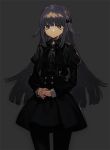  1girl bangs black_jacket black_legwear black_neckwear black_skirt blunt_bangs bow bowtie closed_mouth cowboy_shot grey_background hair_bow hair_ribbon hirota_tsuu jacket long_hair long_sleeves looking_at_viewer original own_hands_together pantyhose purple_hair ribbon simple_background skirt solo standing tress_ribbon violet_eyes 