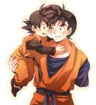  2boys black_eyes black_hair brothers carrying dougi dragon_ball dragonball_z hug long_sleeves looking_at_another male_focus multiple_boys open_mouth scar short_hair siblings simple_background smile son_gohan son_goten spiky_hair white_background 