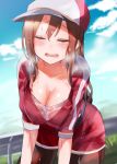  10s 1girl amamitsu_kousuke baseball_cap belt blurry blush breasts brown_hair cleavage closed_eyes depth_of_field female_protagonist_(pokemon_go) hair_between_eyes hat heavy_breathing hot large_breasts leaning_forward leggings long_hair outdoors pokemon pokemon_go ponytail red_clothes see-through solo sweat sweating wavy_mouth wet wet_clothes 