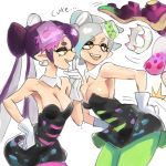  +_+ absurdres aori_(splatoon) breasts cleavage colo_(nagrolaz) cousins crown dark_skin detached_collar domino_mask dress fangs food food_on_head gloves green_legwear highres hime_(splatoon) hip_attack hotaru_(splatoon) iida_(splatoon) large_breasts mask medium_breasts mole mole_under_eye multicolored_hair object_on_head octarian pointy_ears short_jumpsuit smile splatoon splatoon_2 squid squidbeak_splatoon strapless strapless_dress sushi tentacle_hair unitard white_hair 