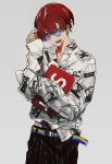  bangs belt black_pants book clothes_writing collared_shirt cowboy_shot earrings glasses grey_background hair_between_eyes hand_up highres hirota_tsuu holding holding_book jewelry long_sleeves open_mouth original pants rainbow_gradient red_eyes redhead shirt simple_background wing_collar 