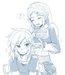  1boy 1girl blush closed_eyes hair_brushing link long_hair monochrome pointy_ears princess_zelda sayoyonsayoyo smile the_legend_of_zelda the_legend_of_zelda:_breath_of_the_wild white_background 