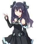  1girl bare_shoulders black_hair chikuwa_(majihima) gloves hair_ornament looking_at_viewer neptune_(series) one_eye_closed red_eyes ribbon solo two_side_up uni_(choujigen_game_neptune) 