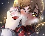  10s 1girl :3 beans blush bottle_to_cheek breath brown_eyes brown_hair can coat cold food hair_ornament hairclip kunikida_hanamaru love_live! love_live!_sunshine!! night nose_blush one_eye_closed scarf snow solo_focus soup vorupi warming winter winter_clothes winter_coat 