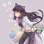  1girl alternate_costume animal_ears bag black_friday black_hair blake_belladonna cat_ears cat_tail check_commentary commentary_request iesupa navel paw_print pun rwby shopping shopping_bag smile tail yellow_eyes 