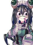  1girl :p asui_tsuyu black_eyes black_hair bodysuit boku_no_hero_academia breasts frog_girl gloves goggles goggles_on_head highres index_finger_raised long_tongue simple_background solo tongue tongue_out upper_body white_background 