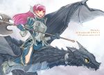  1girl armor armored_boots axe boots breastplate clouds cloudy_sky dated dragon dress fire_emblem fire_emblem:_kakusei full_body gauntlets gloves hairband happy_birthday long_hair open_mouth pink_hair red_eyes riding scales serge_(fire_emblem) side_slit sketch sky slit_pupils tnmrdgr wyvern yellow_eyes 