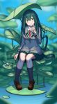  1girl asui_tsuyu black_hair black_legwear black_skirt blue_sky blush boku_no_hero_academia brown_footwear day finger_to_cheek frog glasses green_eyes highres kneehighs kokoala lily_pad long_hair looking_at_viewer outdoors red_neckwear school_uniform sitting skirt sky smile water 