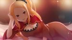  1girl :d bed_sheet blonde_hair breasts capelet cleavage dress hair_ornament hair_scrunchie high_ponytail highres indoors large_breasts lens_flare long_hair looking_at_viewer lying on_side open_mouth priscilla_barielle re:zero_kara_hajimeru_isekai_seikatsu red_dress red_eyes scrunchie smile solo sparkle very_long_hair 