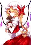  1girl absurdres blonde_hair bow flandre_scarlet hair_over_one_eye hat hat_bow highres holding looking_at_viewer nail_polish puffy_short_sleeves puffy_sleeves red_bow red_nails sheya short_sleeves side_ponytail solo stuffed_animal stuffed_toy teddy_bear touhou wings 