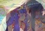  2girls animal_ears bandage bandaged_hands bangs bare_shoulders black_hair blanket blurry blurry_background blush breasts closed_mouth competition_swimsuit dark_skin day depth_of_field earrings ears_down eyebrows_visible_through_hair facial_mark fate/grand_order fate_(series) fingernails green_eyes hairband hoop_earrings jackal_ears jewelry kibadori_rue large_breasts long_fingernails long_hair looking_at_another multiple_girls nitocris_(swimsuit_assassin)_(fate) one-piece_swimsuit outdoors pink_lips purple_hair scheherazade_(fate/grand_order) swimsuit violet_eyes 