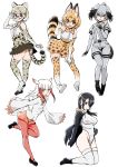  5girls :3 :d absurdres adjusting_eyewear animal_ears bangs bird_tail black_gloves black_hair blonde_hair blunt_bangs bow bowtie breast_pocket brown_eyes cat_ears cat_tail elbow_gloves emperor_penguin_(kemono_friends) extra_ears eyebrows_visible_through_hair fingerless_gloves frilled_sleeves frills fur_collar gloves green_eyes grey_hair grey_shirt grey_shorts hair_between_eyes hair_over_one_eye head_wings headphones high-waist_skirt highres hood hooded_jacket jacket japanese_crested_ibis_(kemono_friends) kemono_friends leotard long_hair long_sleeves margay_(kemono_friends) margay_print multicolored_hair multiple_girls necktie open_mouth orange_skirt pantyhose paw_pose pocket print_gloves print_legwear print_neckwear print_skirt red_legwear redhead saruchitan serval_(kemono_friends) serval_ears serval_print serval_tail shirt shoebill_(kemono_friends) short_hair short_sleeves shorts simple_background skirt sleeveless sleeveless_shirt smile striped_tail tail thigh-highs v-shaped_eyebrows white_background white_hair white_legwear white_leotard white_neckwear white_shirt wide_sleeves yellow_eyes 