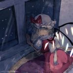  1girl blonde_hair bow commentary_request crystal flandre_scarlet hat indoors mob_cap mochacot reflection short_hair smile snow solo touhou wings 