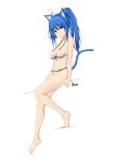  1girl absurdres animal_ears artist_name barefoot bili_girl_22 bilibili_douga blue_hair blush breasts cat_ears cat_tail cleavage closed_mouth collarbone eyebrows_visible_through_hair full_body highres large_breasts long_hair looking_at_viewer mien_(user_nwau4723) navel ponytail red_eyes smile solo tail 