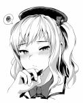  1girl bangs blush closed_mouth eyebrows_visible_through_hair fingernails greyscale half-closed_eyes hand_on_own_chin hat holding holding_pen kantai_collection kashima_(kantai_collection) looking_at_viewer monochrome pen portrait satsuki_neko solo speech_bubble spoken_squiggle squiggle two_side_up 