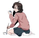  1girl braid brown_eyes brown_hair egg freckles glasses hair_ornament hairclip kneehighs kneeling kuragehime kurashita_tsukimi looking_at_viewer looking_back no_shoes paintbrush parted_lips pink_sweater simple_background solo sweater techsupportdog twin_braids white_background white_legwear 