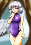  1girl absurdres blush braid breasts cave d-m_(dii_emu) feathered_wings finger_to_mouth french_braid hand_on_leg highres kishin_sagume one-piece_swimsuit purple_swimsuit red_eyes short_hair single_wing smile solo standing swimsuit touhou water white_hair white_wings wings zipper 