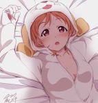  1girl arms_up blush breasts cleavage collarbone cosplay dated eyebrows_visible_through_hair highres kigurumi looking_at_viewer love_live! love_live!_sunshine!! lying no_bra on_back on_bed orange_hair pov red_eyes shadow shiitake_(love_live!_sunshine!!) shiitake_(love_live!_sunshine!!)_(cosplay) signature solo sweat takami_chika takeya_yuuki upper_body 
