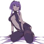  1girl :o assassin_(fate/prototype_fragments) bare_shoulders black_gloves black_leotard breasts breasts_apart chan_co dark_skin eyebrows_visible_through_hair fate/grand_order fate/prototype fate_(series) fingerless_gloves gloves hair_between_eyes hairband leotard long_hair looking_at_viewer medium_breasts navel parted_lips purple_hair simple_background sitting solo stirrup_legwear violet_eyes white_background 