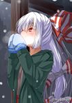  1girl blue_mittens bow breath commentary_request contemporary fujiwara_no_mokou green_coat hair_bow long_hair mittens ponytail red_eyes snowing solo touhou twitter_username umarutsufuri very_long_hair white_hair 