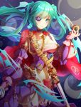  1girl blue_eyes blue_hair blush bottle_miku breasts cleavage eyebrows_visible_through_hair eyepatch garter_straps gloves hatsune_miku highres large_breasts looking_at_viewer navel parted_lips pink_gloves pirate purple_legwear smile solo thigh-highs thighs vocaloid xi_zhujia_de_rbq 
