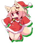  1girl :o animal_ears bangs bell bell_collar blonde_hair blush bobblehat boots buckle chibi christmas collar commentary_request dress eyebrows_visible_through_hair fox_ears fox_girl fox_tail full_body fur-trimmed_dress hair_bun half_updo hat jumping knee_boots long_sleeves looking_at_viewer naga_u open_mouth original outline red_dress red_eyes red_footwear red_hat santa_costume santa_hat sleeves_past_wrists solo tail tareme thigh_gap w_arms white_background white_outline 