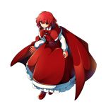  &gt;:) 1girl baba_(baba_seimaijo) cape closed_mouth full_body highres long_sleeves looking_at_viewer okazaki_yumemi red_cape red_eyes red_skirt red_vest redhead shirt short_hair skirt smile solo touhou touhou_(pc-98) v-shaped_eyebrows vest white_shirt 