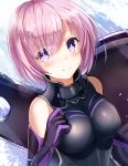  1girl armor boobplate breastplate breasts elbow_gloves eyebrows_visible_through_hair eyes_visible_through_hair fate/grand_order fate_(series) gloves looking_at_viewer mash_kyrielight medium_breasts pink_hair purple_gloves sakura_ani shield short_hair smile solo upper_body violet_eyes 