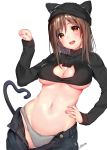  1girl :d animal_ears animal_hat bangs beanie blue_pants blush breasts brown_eyes brown_hair cat_cutout cat_ears cat_hat cat_tail cleavage contrapposto copyright_request cowboy_shot crop_top cropped_sweater denim eyebrows_visible_through_hair grey_panties hair_between_eyes hand_on_hip hand_up hat heart_in_eye jeans large_breasts long_hair long_sleeves looking_at_viewer matarou_(genkai_toppa) navel no_bra open_mouth panties pants paw_pose signature simple_background smile solo symbol_in_eye tail under_boob underwear unzipped white_background 