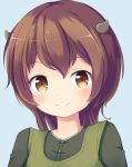 1girl bangs blue_background blush brown_eyes brown_hair character_request closed_mouth eyebrows_visible_through_hair green_shirt green_vest hair_between_eyes head_tilt horns long_hair looking_at_viewer maplestory nekono_rin portrait shirt simple_background smile solo tareme vest 