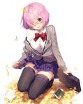  1girl bag black_legwear blush bow bowtie breasts eyebrows_visible_through_hair fate/grand_order fate_(series) glasses hair_between_eyes head_tilt highres looking_at_viewer mash_kyrielight open_mouth pink_hair purple_skirt red_bow rosuuri school_bag school_uniform shielder_(fate/grand_order) shirt shoes short_hair signature simple_background skirt skirt_lift sleeves_past_wrists solo teeth thigh-highs white_shirt zettai_ryouiki 