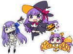  3girls :&lt; :d animal_ears bandage bandaged_arm bandaged_leg bb_(fate/extra_ccc) bell bell_collar black_legwear blue_eyes blush_stickers breasts chan_co cleavage collar fang fate/extra fate/extra_ccc fate_(series) halloween hat long_hair looking_at_viewer meltlilith multiple_girls open_mouth orange_legwear passion_lip purple_hair simple_background smile tail thigh-highs violet_eyes white_background witch_hat 